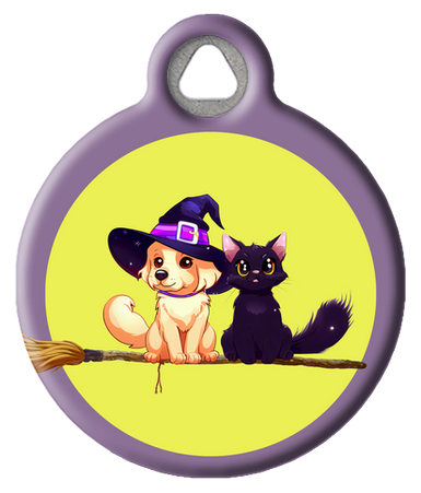 Spooky Cute Halloween Pet ID Tag : Cat and Dog on Witches Broom