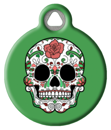 Sugar Skull Dia De Los Muertos Pet ID Tag - Green