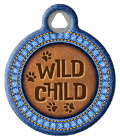 Funny Denim and Faux Leather Wild Child with Pawprints ID Tag