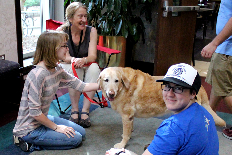 Yellow Labrador Retriever Therapy Dog and Students